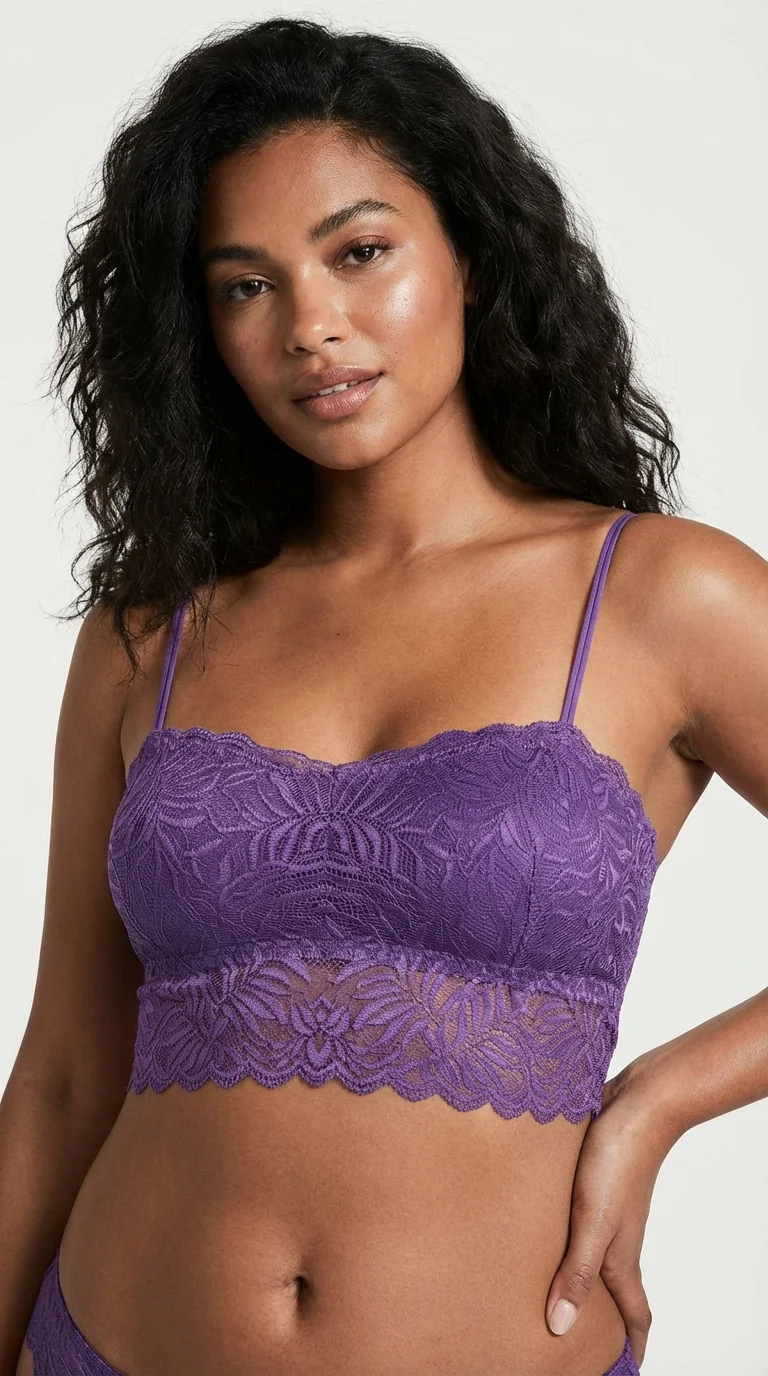 LunaIntim Violet Dantelli Longline Bralet Ceket İçi Crop Büstiyer ve Boş Kap Sütyen - Gövdeyi Saran Longline Kesim